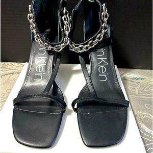 Calvin Klein Women's Black Nova Chain T-Strap Square-Toe High-Heel Sandals